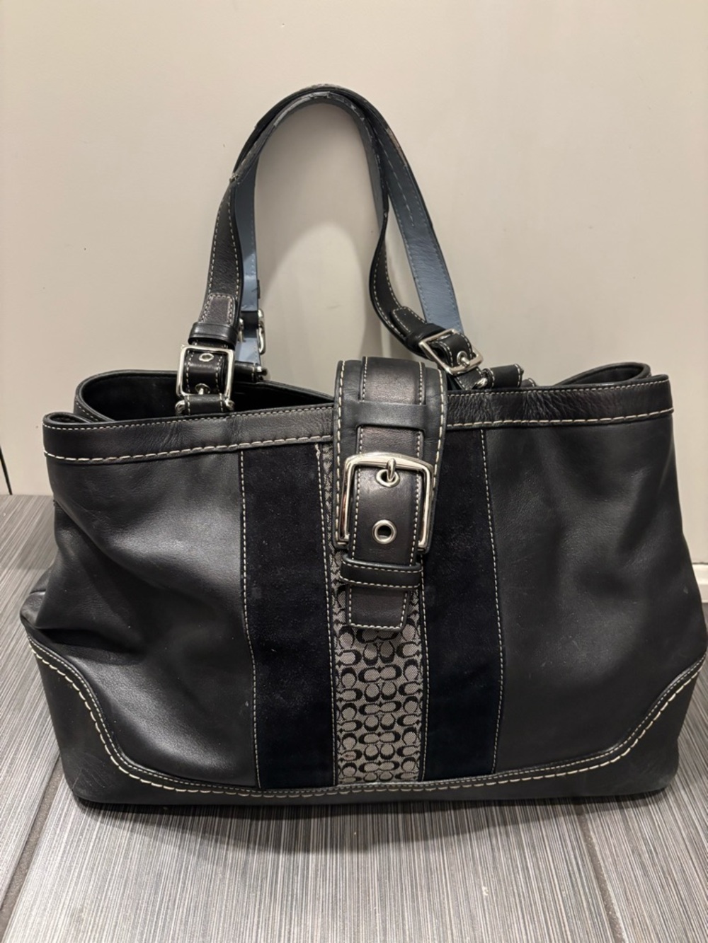 Coach Black Leather Tote with Signature Monogram Stripe